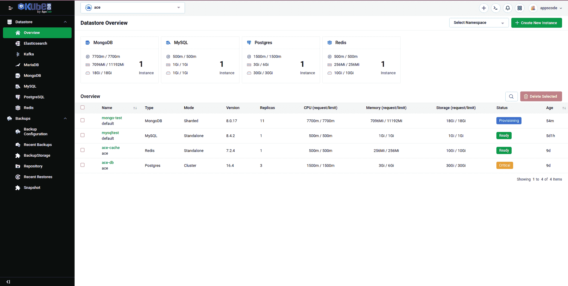 KubeDB management console screenshot 1